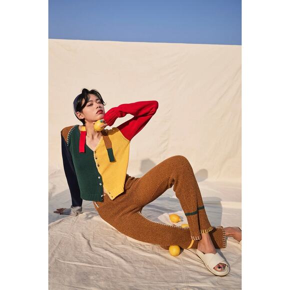 Yanyan Choi-Hung Colorblock Extra Long Sleeve Cardigan Button Chunky Yarn Sz S - Picture 1 of 10